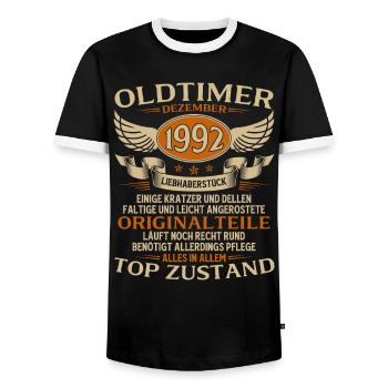 33. Geburtstag Geschenk Oldtimer Dezember 1992 - Männer Kontrast-T-Shirt - Schwarz/Weiß - Vorne - AI Model Female 172 light (172cm) & AI Model Male 178 light (178cm)