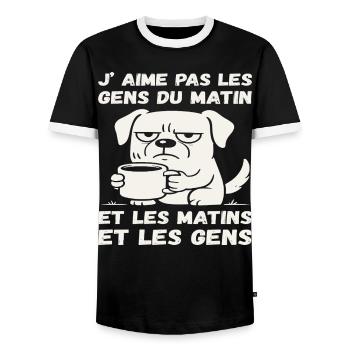 I don't like people in the morning humor dog café - Men's Ringer Shirt - black/white - Front - AI Model Female 172 light (172cm) & AI Model Male 178 light (178cm)