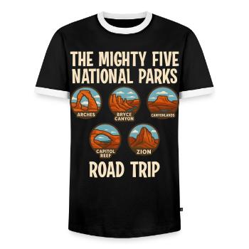 Mighty Five National Parks Road Trip USA Tour - Men's Ringer Shirt - black/white - Front - AI Model Female 172 light (172cm) & AI Model Male 178 light (178cm)