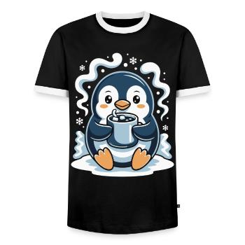 Cuddly penguin with hot cocoa - Men's Ringer Shirt - black/white - Front - AI Model Female 172 light (172cm) & AI Model Male 178 light (178cm)