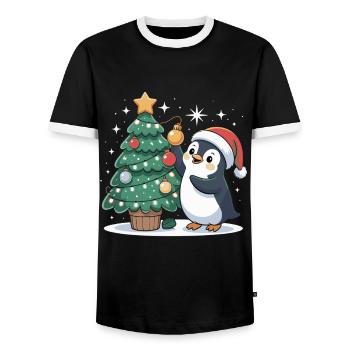 Penguin decorates Christmas tree - Men's Ringer Shirt - black/white - Front - AI Model Female 172 light (172cm) & AI Model Male 178 light (178cm)