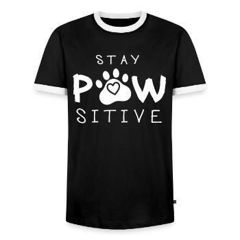 Stay Pawsitive Tier Wortspiel Stay positive Pfote - Männer Kontrast-T-Shirt - Schwarz/Weiß - Vorne - AI Model Female 172 light (172cm) & AI Model Male 178 light (178cm)