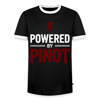 Powered by Pinot Wine Energy Saying - Men's Ringer Shirt - black/white - Front - AI Model Female 172 light (172cm) & AI Model Male 178 light (178cm)