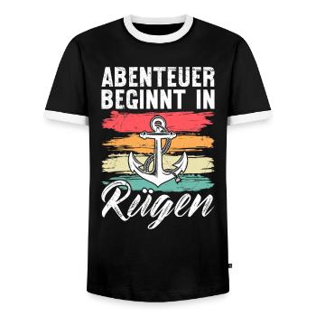 Baltic Sea ADVENTURE BEGINS IN RÜGEN Retro Funny - Men's Ringer Shirt - black/white - Front - AI Model Female 172 light (172cm) & AI Model Male 178 light (178cm)