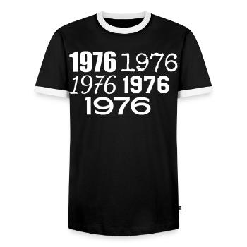 1976 - Männer Kontrast-T-Shirt - Schwarz/Weiß - Vorne - AI Model Female 172 light (172cm) & AI Model Male 178 light (178cm)