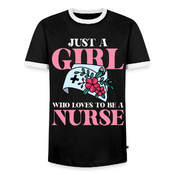Just a woman who loves nurse - Men's Ringer Shirt - black/white - Front - AI Model Female 172 light (172cm) & AI Model Male 178 light (178cm)
