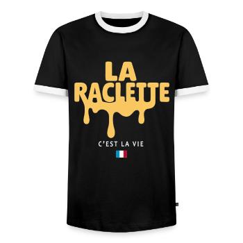 Raclette is life | Cheese & Winter Humor - Men's Ringer Shirt - black/white - Front - AI Model Female 172 light (172cm) & AI Model Male 178 light (178cm)