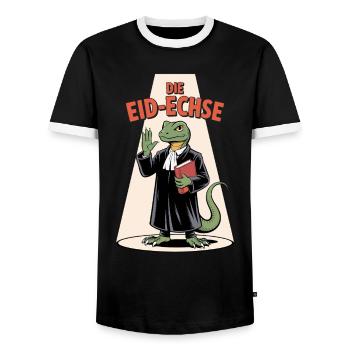 The Eid Lizard in Judge Look Cartoon - Men's Ringer Shirt - black/white - Front - AI Model Female 172 light (172cm) & AI Model Male 178 light (178cm)