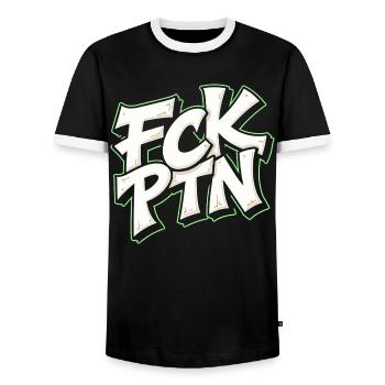 FCK PTN Anti Putin Statement - Men's Ringer Shirt - black/white - Front - AI Model Female 172 light (172cm) & AI Model Male 178 light (178cm)
