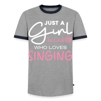 La fille adore chanter – Motif du micro - T-shirt contrasté Homme - gris/marine  - Devant - AI Model Female 172 light (172cm) & AI Model Male 178 light (178cm)