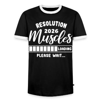 Resolution 2026 | Muscles Loading | Gym Outfit - Männer Kontrast-T-Shirt - Schwarz/Weiß - Vorne - AI Model Female 172 light (172cm) & AI Model Male 178 light (178cm)