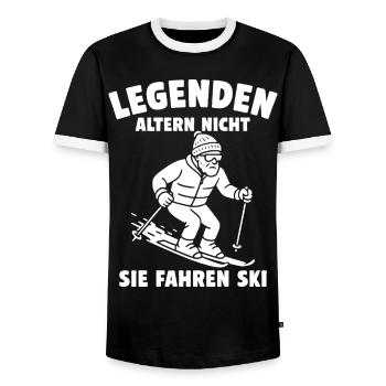Legends don't age – they ski - Men's Ringer Shirt - black/white - Front - AI Model Female 172 light (172cm) & AI Model Male 178 light (178cm)
