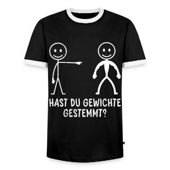 Fitnessstudio HAST DU GEWICHTE GESTEMMT LUSTIG - Männer Kontrast-T-Shirt - Schwarz/Weiß - Vorne - AI Model Female 172 light (172cm) & AI Model Male 178 light (178cm)