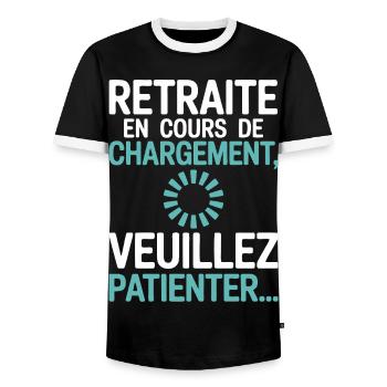 Retreat Loading – Senior Humor - Men's Ringer Shirt - black/white - Front - AI Model Female 172 light (172cm) & AI Model Male 178 light (178cm)