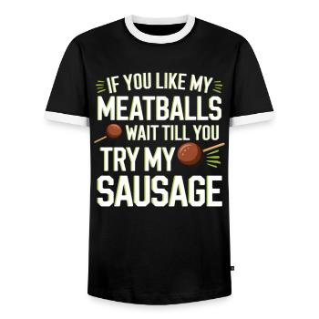 Meatball Joke: Try the Sausage - Men's Ringer Shirt - black/white - Front - AI Model Female 172 light (172cm) & AI Model Male 178 light (178cm)