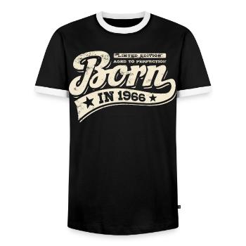 Born in 1966 - Birthday - Limited Edition - Men's Ringer Shirt - black/white - Front - AI Model Female 172 light (172cm) & AI Model Male 178 light (178cm)