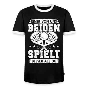 Padel game ONE OF US PLAYS BETTER THAN YOU - Men's Ringer Shirt - black/white - Front - AI Model Female 172 light (172cm) & AI Model Male 178 light (178cm)
