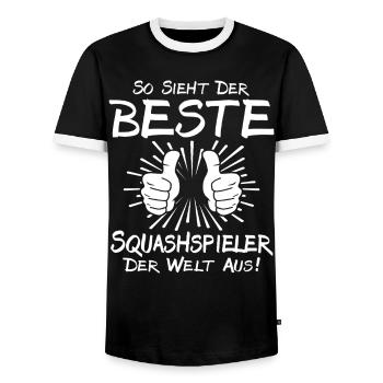 best squash player - Men's Ringer Shirt - black/white - Front - AI Model Female 172 light (172cm) & AI Model Male 178 light (178cm)