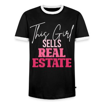 Diese Frau verkauft Immobilien - Männer Kontrast-T-Shirt - Schwarz/Weiß - Vorne - AI Model Female 172 light (172cm) & AI Model Male 178 light (178cm)