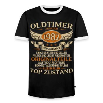 44e anniversaire cadeau voiture classique janvier 1982 - T-shirt contrasté Homme - noir/blanc - Devant - AI Model Female 172 light (172cm) & AI Model Male 178 light (178cm)