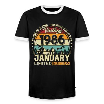 40e anniversaire Millésime de janvier 1986 - T-shirt contrasté Homme - noir/blanc - Devant - AI Model Female 172 light (172cm) & AI Model Male 178 light (178cm)