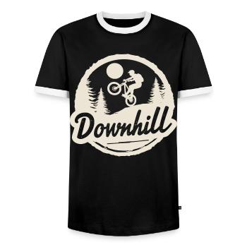 Downhill Mountainbike Abenteuer im Wald - Männer Kontrast-T-Shirt - Schwarz/Weiß - Vorne - AI Model Female 172 light (172cm) & AI Model Male 178 light (178cm)