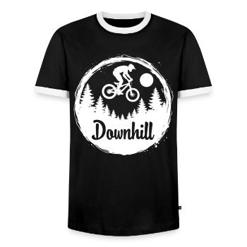 Downhill Mountainbike Abenteuer im Wald - Männer Kontrast-T-Shirt - Schwarz/Weiß - Vorne - AI Model Female 172 light (172cm) & AI Model Male 178 light (178cm)