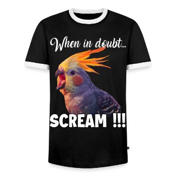 Tenues originales : fans de perroquets et de calopsittes - T-shirt contrasté Homme - noir/blanc - Devant - AI Model Female 172 light (172cm) & AI Model Male 178 light (178cm)