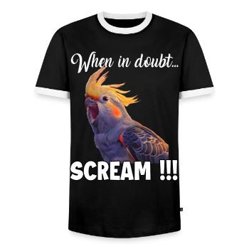 Cockatiel Meme T, funny screaming nymph - Men's Ringer Shirt - black/white - Front - AI Model Female 172 light (172cm) & AI Model Male 178 light (178cm)