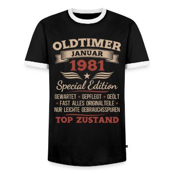 45th Birthday Gift Classic Car January 1981 - Men's Ringer Shirt - black/white - Front - AI Model Female 172 light (172cm) & AI Model Male 178 light (178cm)