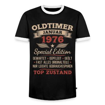 50. Geburtstag Geschenk Oldtimer Januar 1976 - Männer Kontrast-T-Shirt - Schwarz/Weiß - Vorne - AI Model Female 172 light (172cm) & AI Model Male 178 light (178cm)