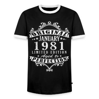 45th Birthday Original January 1981 - Men's Ringer Shirt - black/white - Front - AI Model Female 172 light (172cm) & AI Model Male 178 light (178cm)