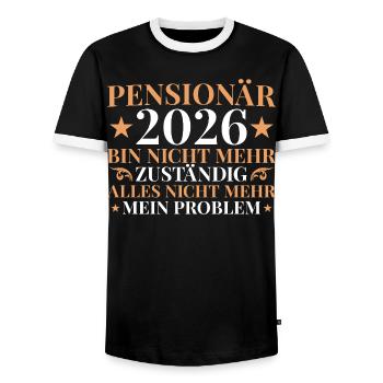Retraité 2026 Plus responsable - Pension - T-shirt contrasté Homme - noir/blanc - Devant - AI Model Female 172 light (172cm) & AI Model Male 178 light (178cm)