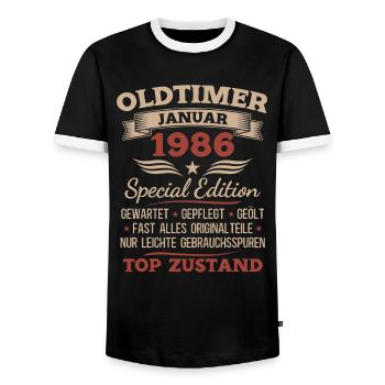Cadeau pour le 40e anniversaire Voiture classique janvier 1986 - T-shirt contrasté Homme - noir/blanc - Devant - AI Model Female 172 light (172cm) & AI Model Male 178 light (178cm)