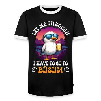 North Sea LET ME THROUGH MUST GO TO BÜSUM Lustig - Men's Ringer Shirt - black/white - Front - AI Model Female 172 light (172cm) & AI Model Male 178 light (178cm)