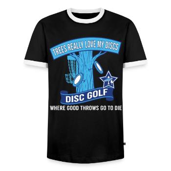 Trees Really Love My Discs Disc Golf Throws - Men's Ringer Shirt - black/white - Front - AI Model Female 172 light (172cm) & AI Model Male 178 light (178cm)