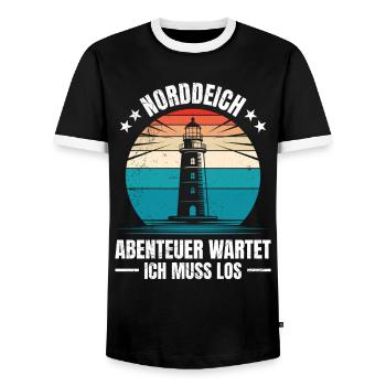 North Sea Holidays NORDDEICH ADVENTURE AWAITS - Men's Ringer Shirt - black/white - Front - AI Model Female 172 light (172cm) & AI Model Male 178 light (178cm)