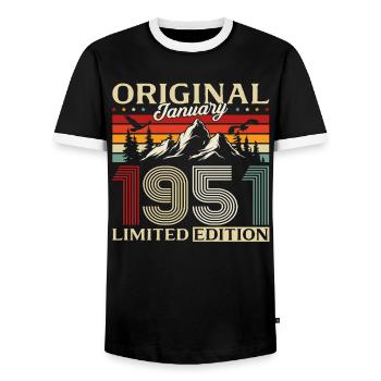 75th Birthday Original January Born 1951 - Men's Ringer Shirt - black/white - Front - AI Model Female 172 light (172cm) & AI Model Male 178 light (178cm)