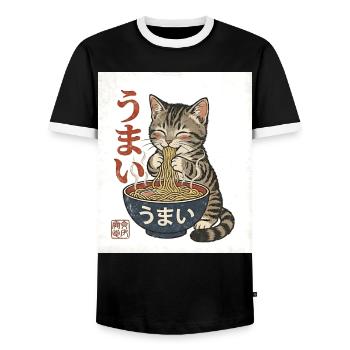 Kawaii Cat Eats Ramen – Umai Japan Retro - Men's Ringer Shirt - black/white - Front - AI Model Female 172 light (172cm) & AI Model Male 178 light (178cm)