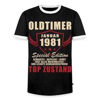 45th Birthday Gift Classic Car January 1981 - Men's Ringer Shirt - black/white - Front - AI Model Female 172 light (172cm) & AI Model Male 178 light (178cm)