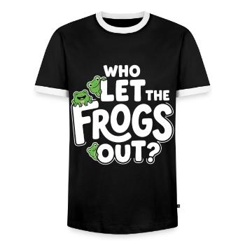 Who Let the Frogs Out? - Funny Frog - Men's Ringer Shirt - black/white - Front - AI Model Female 172 light (172cm) & AI Model Male 178 light (178cm)