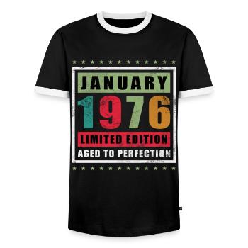Januar 1976 Limited Edition - Männer Kontrast-T-Shirt - Schwarz/Weiß - Vorne - AI Model Female 172 light (172cm) & AI Model Male 178 light (178cm)