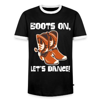 Boots On: Tanzende Cowboy-Stiefel - Männer Kontrast-T-Shirt - Schwarz/Weiß - Vorne - AI Model Female 172 light (172cm) & AI Model Male 178 light (178cm)