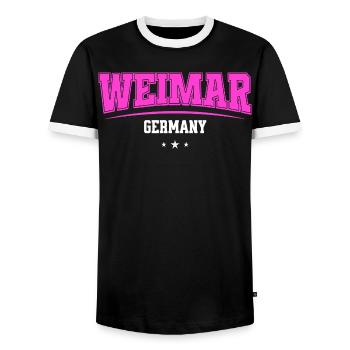 Weimar Germany Pink Retro Logo - Men's Ringer Shirt - black/white - Front - AI Model Female 172 light (172cm) & AI Model Male 178 light (178cm)