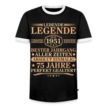 Anniversaire né en 1951 75 ans - T-shirt contrasté Homme - noir/blanc - Devant - AI Model Female 172 light (172cm) & AI Model Male 178 light (178cm)