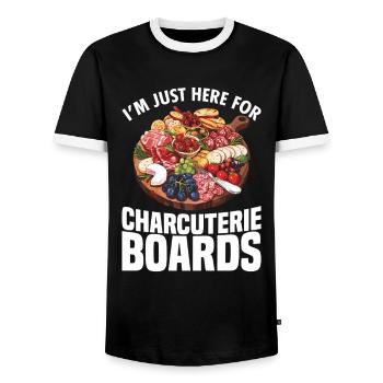 Fabrication de plateau de charcuterie, plateau de fromages ardoise - T-shirt contrasté Homme - noir/blanc - Devant - AI Model Female 172 light (172cm) & AI Model Male 178 light (178cm)