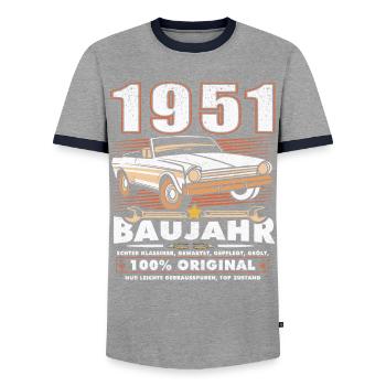 Baujahr 1951 Oldtimer Geburtstag Spruch 75 Jahre - Männer Kontrast-T-Shirt - Grau/Navy  - Vorne - AI Model Female 172 light (172cm) & AI Model Male 178 light (178cm)