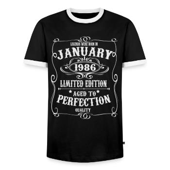 Legends-were-born-in-January-1986 - Men's Ringer Shirt - black/white - Front - AI Model Female 172 light (172cm) & AI Model Male 178 light (178cm)