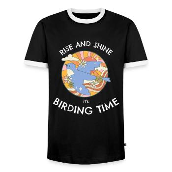 RISE AND SHINE, ITS BIRDING TIME - Men's Ringer Shirt - black/white - Front - AI Model Female 172 light (172cm) & AI Model Male 178 light (178cm)