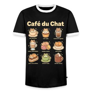 Café du Chat Cat Delight - Men's Ringer Shirt - black/white - Front - AI Model Female 172 light (172cm) & AI Model Male 178 light (178cm)